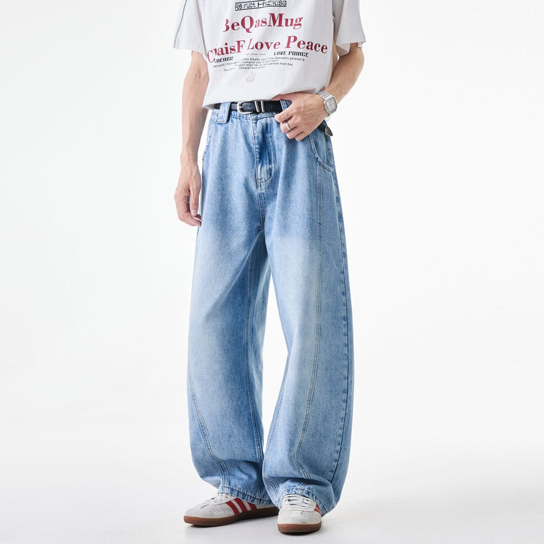 WDUS Men's Curved Blade Baggy Jeans, Wide‑Leg Loose Fit Skater Hip‑Hop Denim Pants