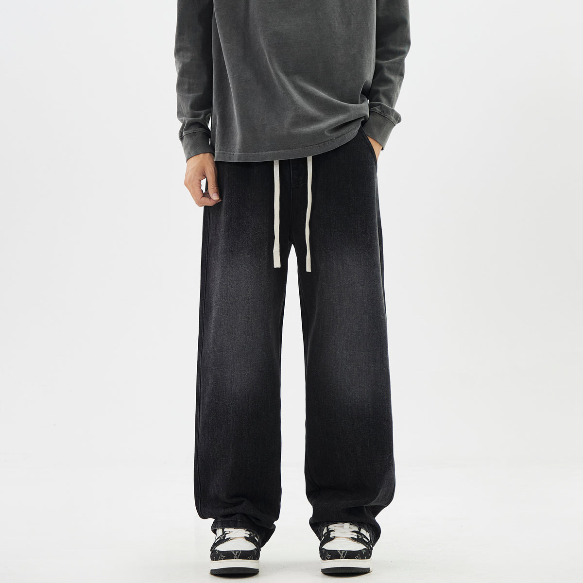 WDUS Relaxed Straight-Leg Drawstring Jeans — Soft Cotton-Blend Denim
