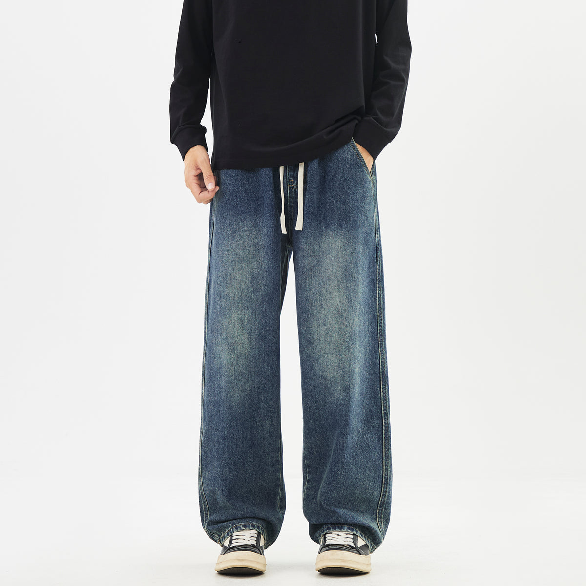WDUS Relaxed Straight-Leg Drawstring Jeans — Soft Cotton-Blend Denim