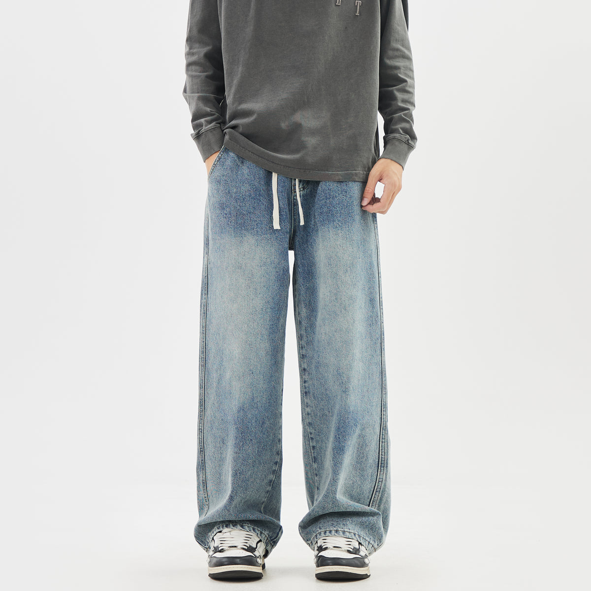 WDUS Relaxed Straight-Leg Drawstring Jeans — Soft Cotton-Blend Denim