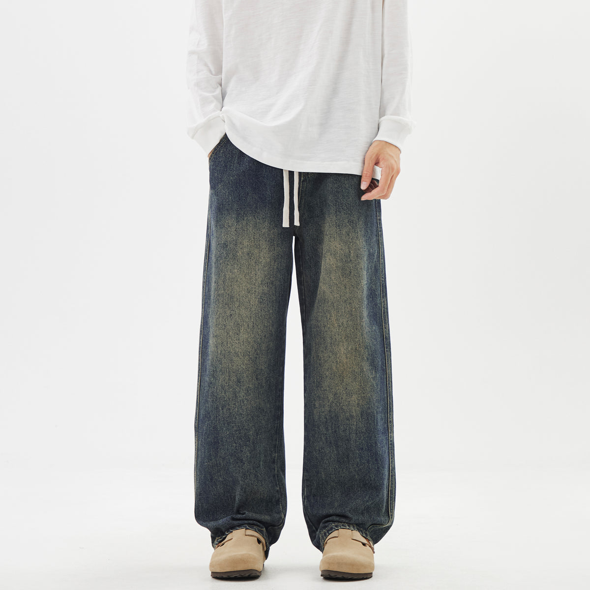 WDUS Relaxed Straight-Leg Drawstring Jeans — Soft Cotton-Blend Denim