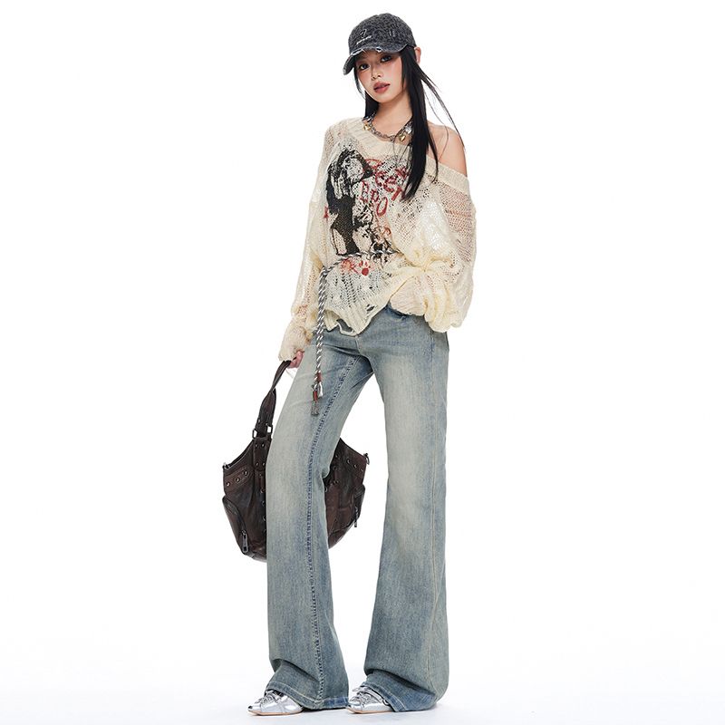 Early autumn new washed old non stick leg slightly flared jeans 2026 light color low waist blue elastic pants