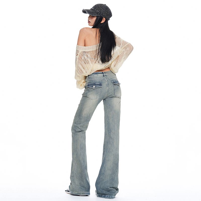 Early autumn new washed old non stick leg slightly flared jeans 2026 light color low waist blue elastic pants