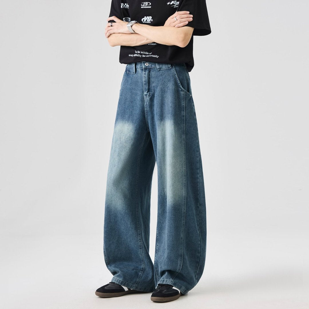 WDUS Men's Curved Blade Baggy Jeans, Wide‑Leg Loose Fit Skater Hip‑Hop Denim Pants