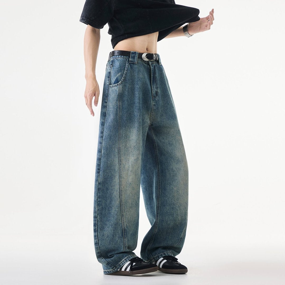 WDUS Men's Curved Blade Baggy Jeans, Wide‑Leg Loose Fit Skater Hip‑Hop Denim Pants